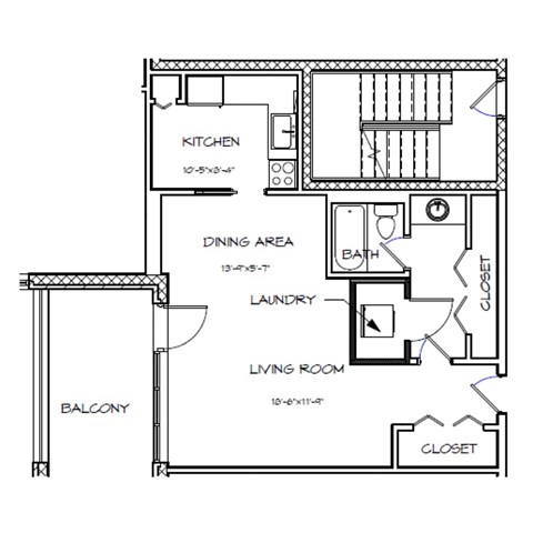 A floor plan of a house with labeled rooms such as kitchen, dining area, and living room.
